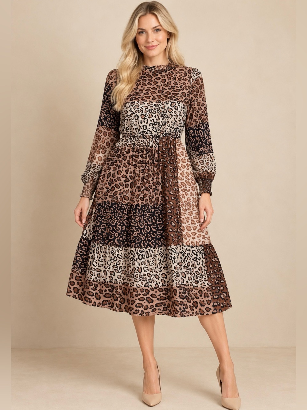 Leopard Print Long Sleeve Midi Dress - Brown